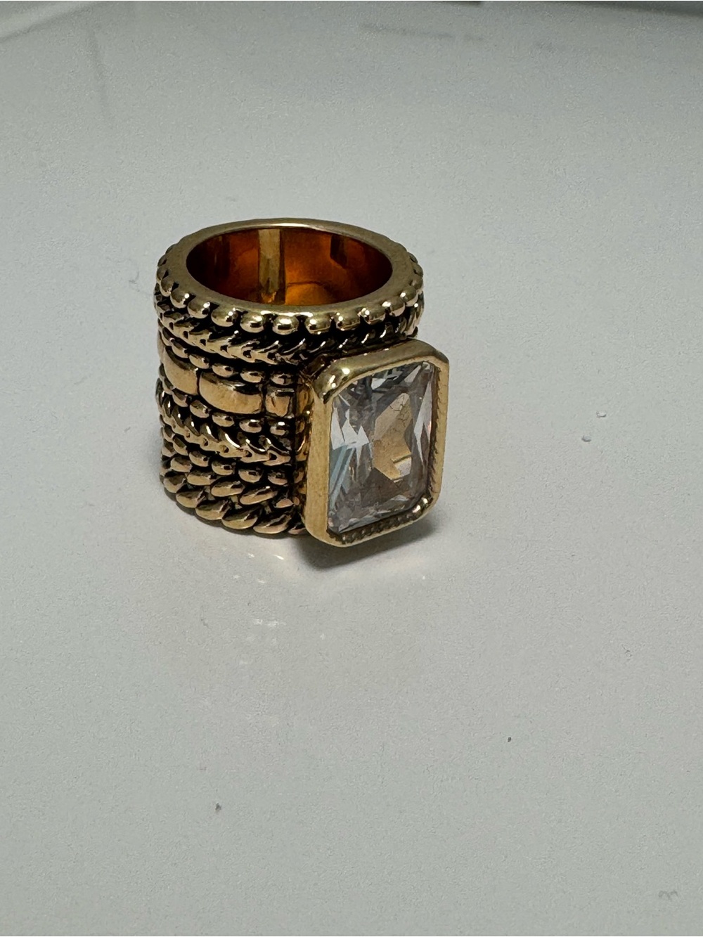 Wide Gold-Tone Ring with Large Clear Rectangular Crystal